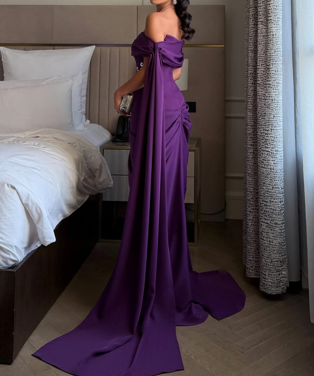 Purple Off‑the‑Shoulder Draped Cape Sleeve Mermaid Evening Gown With Floral Rhinestone Details