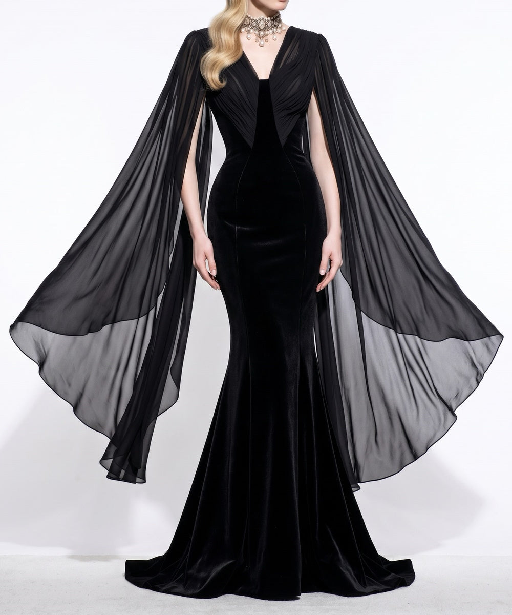Black Velvet V‑Neck Chiffon Cape Mermaid Evening Gown