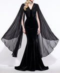 Black Velvet V‑Neck Chiffon Cape Mermaid Evening Gown