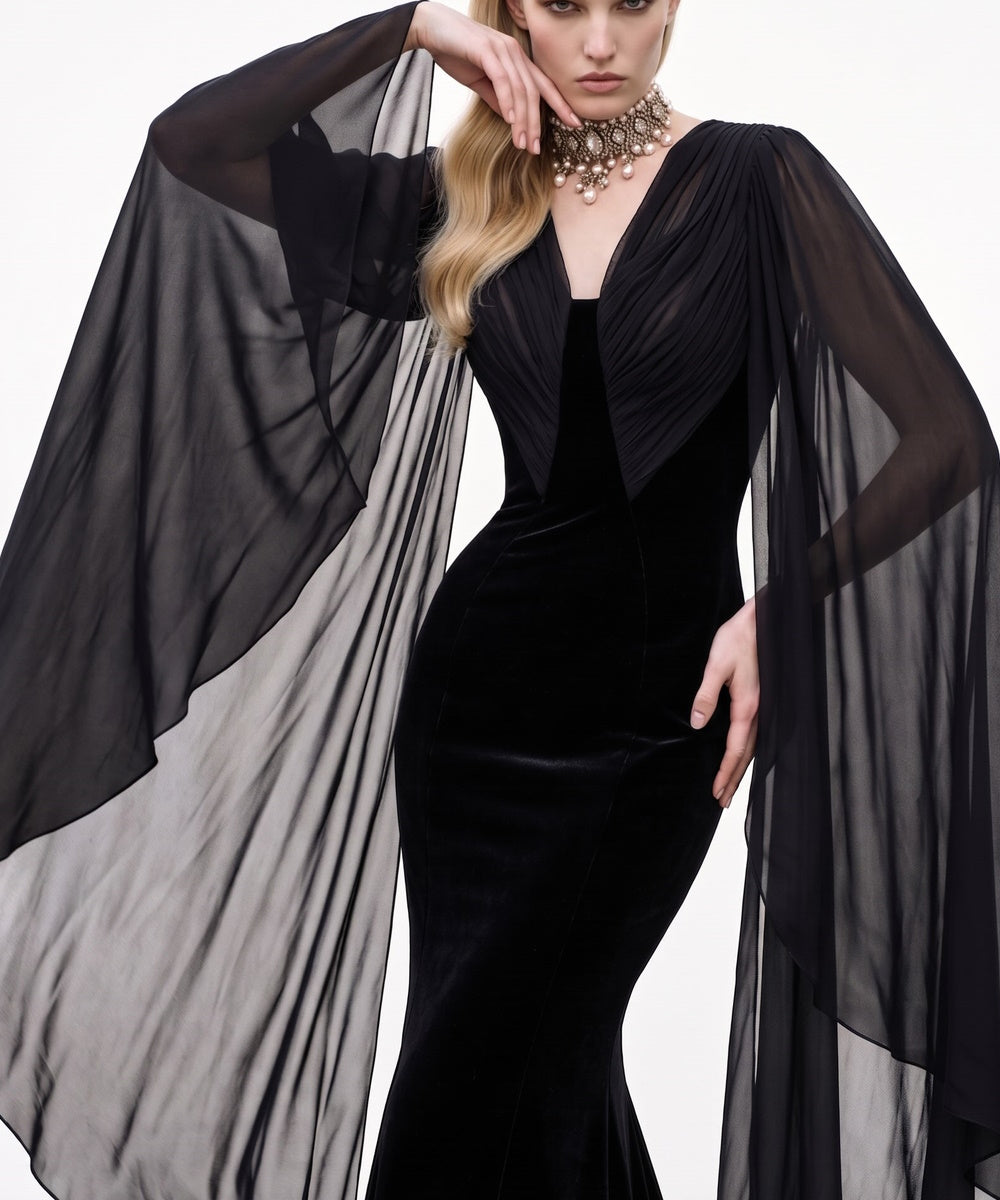 Black Velvet V‑Neck Chiffon Cape Mermaid Evening Gown