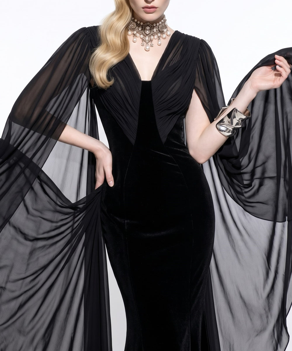 Black Velvet V‑Neck Chiffon Cape Mermaid Evening Gown
