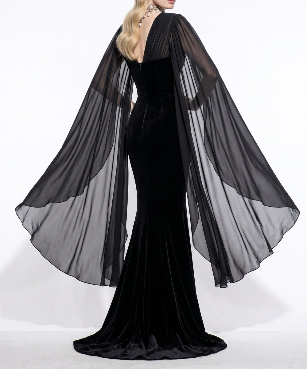 Black Velvet V‑Neck Chiffon Cape Mermaid Evening Gown