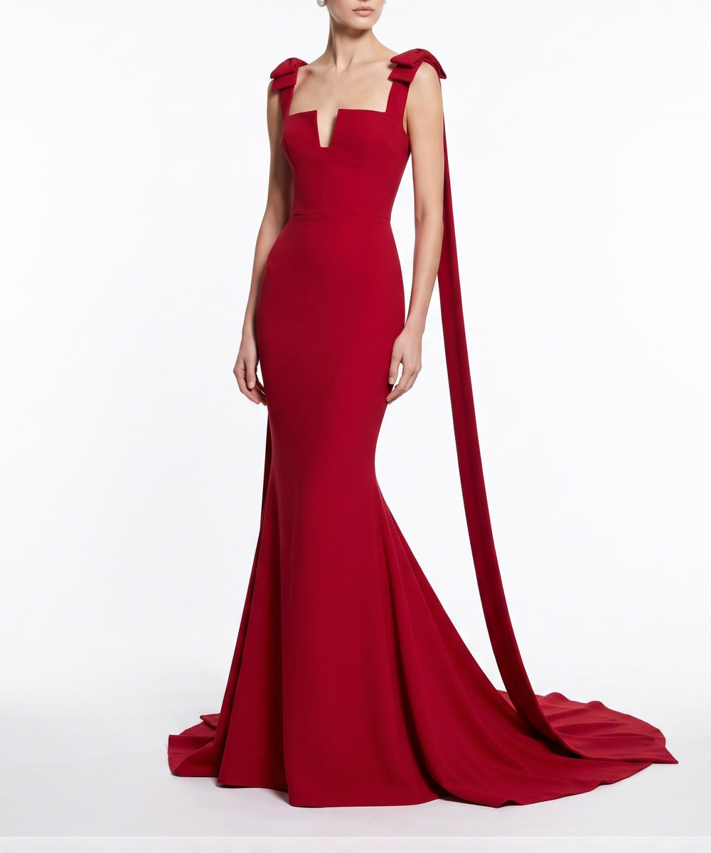Red Bow‑Strap Mermaid Evening Gown With Floating Ribbon Trains