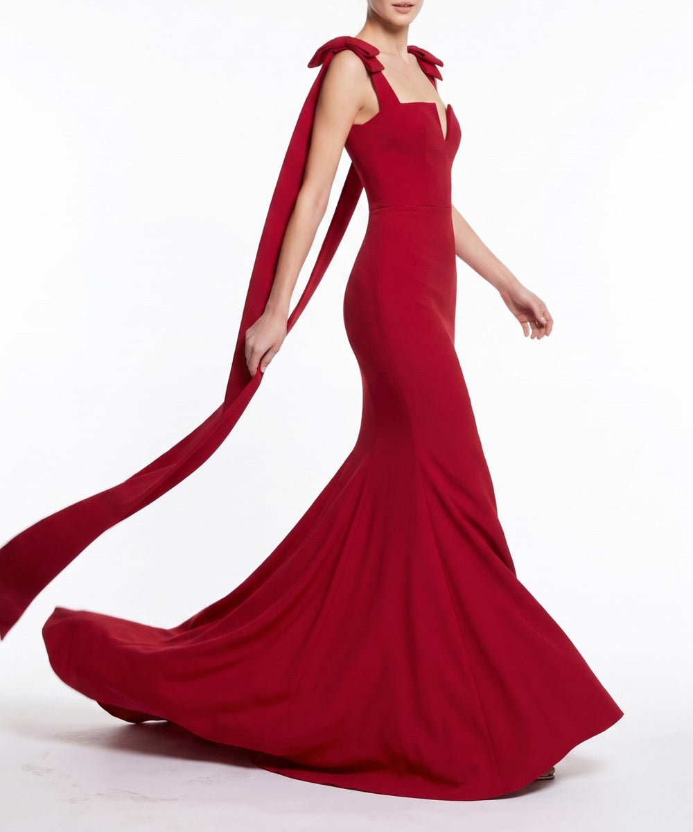Red Bow‑Strap Mermaid Evening Gown With Floating Ribbon Trains