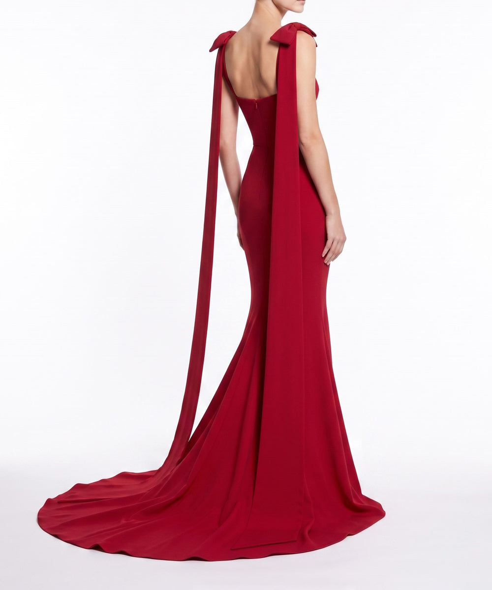Red Bow‑Strap Mermaid Evening Gown With Floating Ribbon Trains