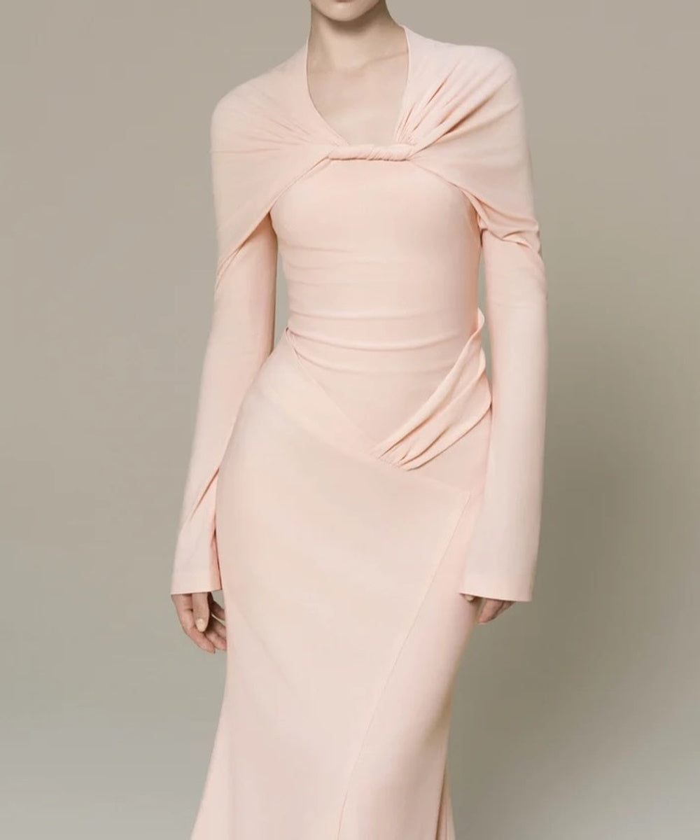 Blush Pink Twisted Cape Long Sleeve Mermaid Evening Gown With Front Slit