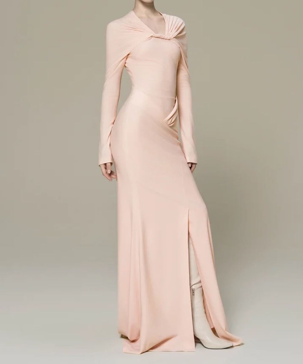 Blush Pink Twisted Cape Long Sleeve Mermaid Evening Gown With Front Slit