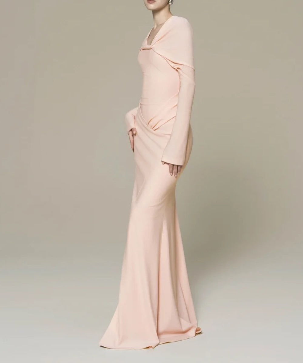 Blush Pink Twisted Cape Long Sleeve Mermaid Evening Gown With Front Slit