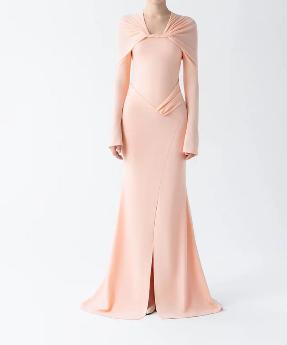 Blush Pink Twisted Cape Long Sleeve Mermaid Evening Gown With Front Slit