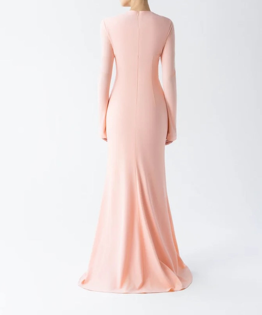 Blush Pink Twisted Cape Long Sleeve Mermaid Evening Gown With Front Slit