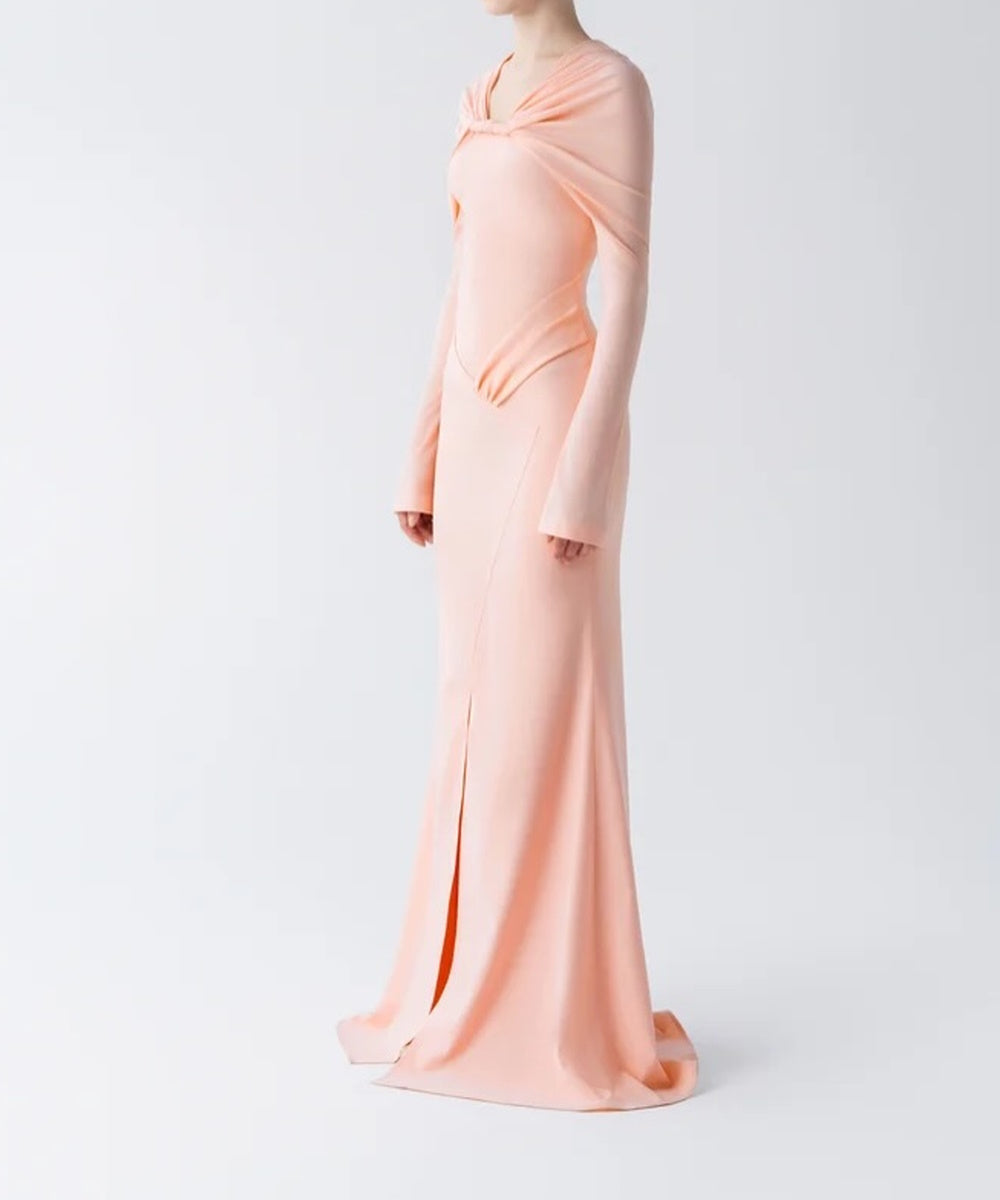 Blush Pink Twisted Cape Long Sleeve Mermaid Evening Gown With Front Slit