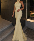 Pale Yellow Halter Corset Lace Mermaid Evening Gown