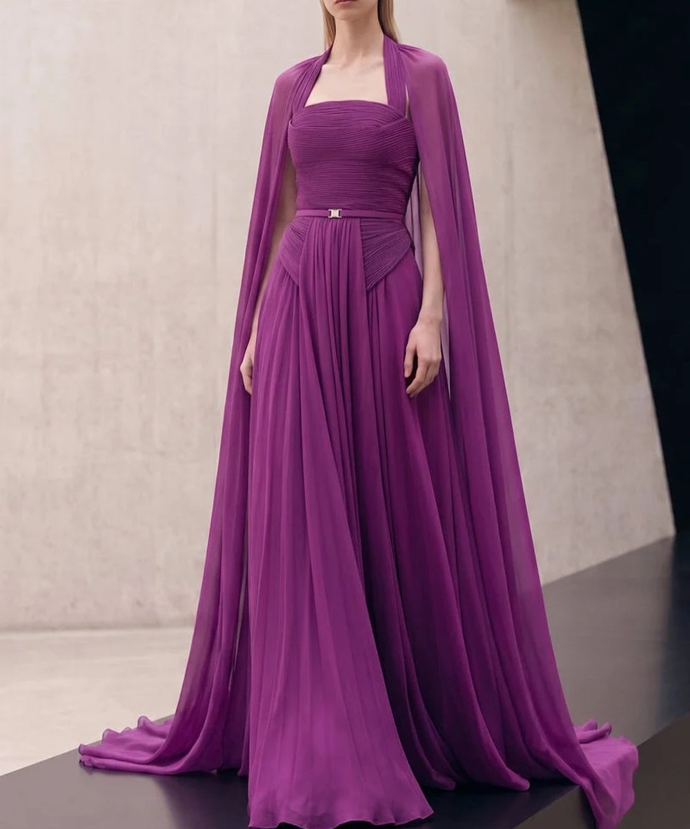 Purple Halter Pleated Chiffon Evening Gown With Detachable Cape