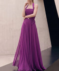 Purple Halter Pleated Chiffon Evening Gown With Detachable Cape