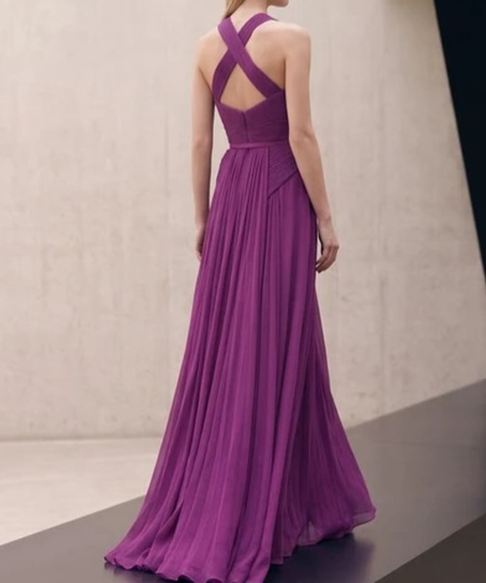 Purple Halter Pleated Chiffon Evening Gown With Detachable Cape
