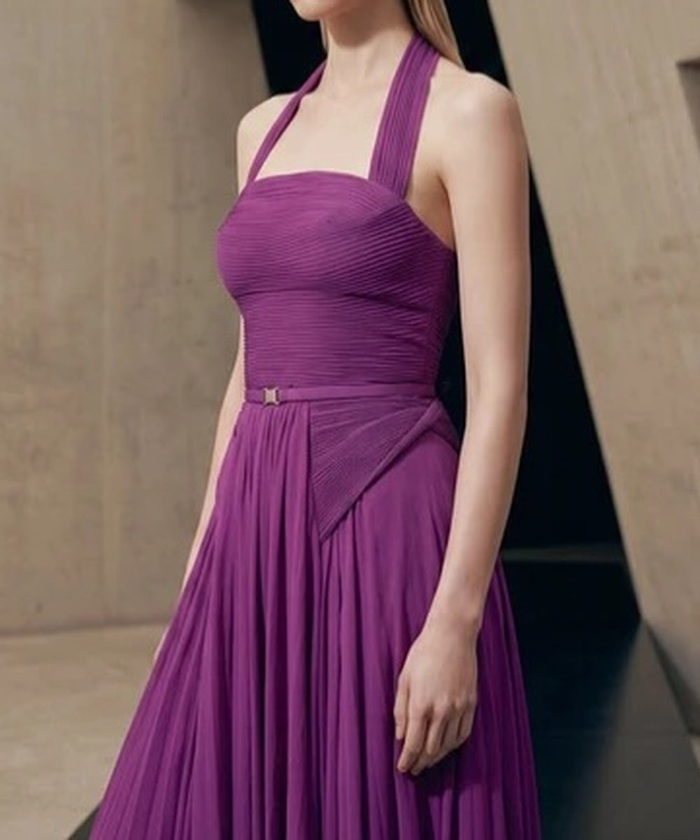 Purple Halter Pleated Chiffon Evening Gown With Detachable Cape