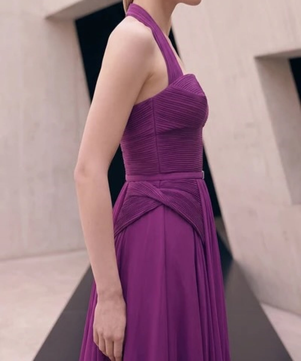 Purple Halter Pleated Chiffon Evening Gown With Detachable Cape