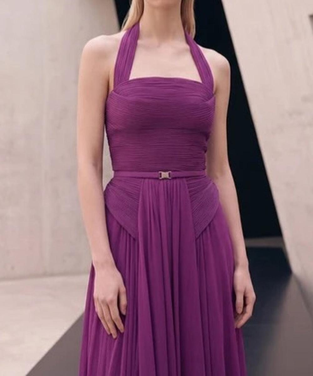 Purple Halter Pleated Chiffon Evening Gown With Detachable Cape
