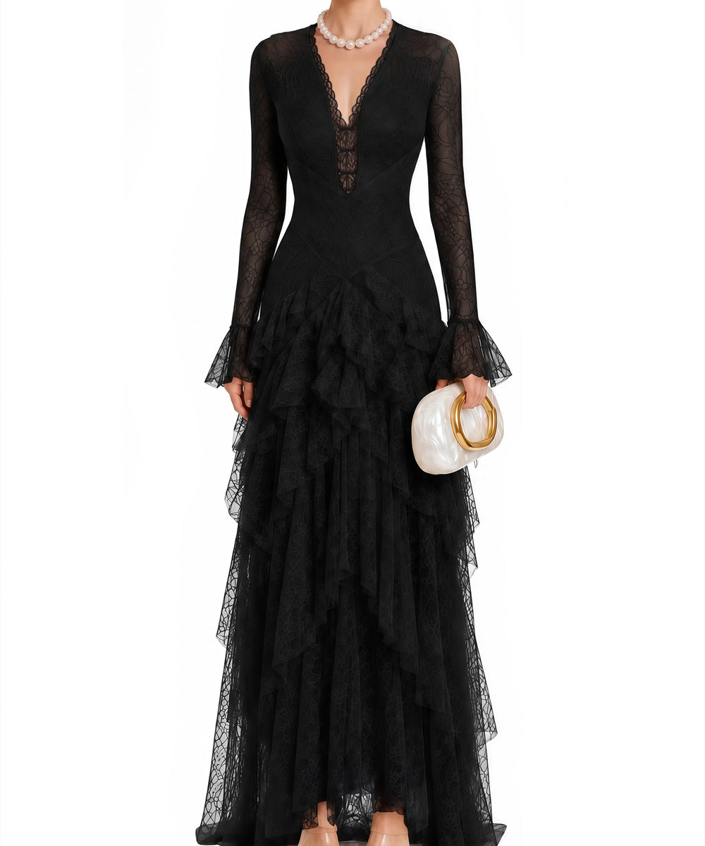 Black V‑Neck Long Bell Sleeve Tiered Ruffle Lace Maxi Evening Gown