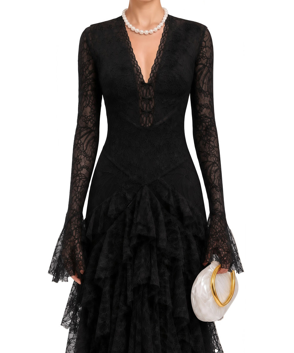 Black V‑Neck Long Bell Sleeve Tiered Ruffle Lace Maxi Evening Gown