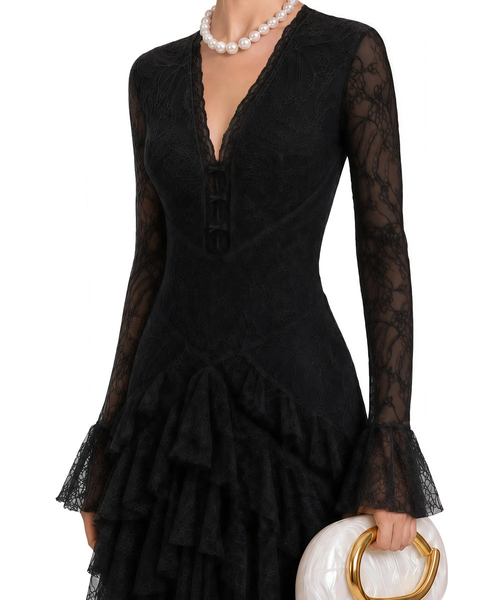 Black V‑Neck Long Bell Sleeve Tiered Ruffle Lace Maxi Evening Gown