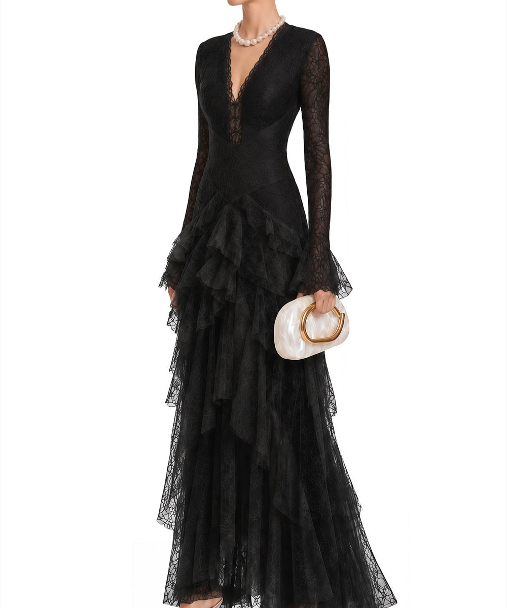Black V‑Neck Long Bell Sleeve Tiered Ruffle Lace Maxi Evening Gown