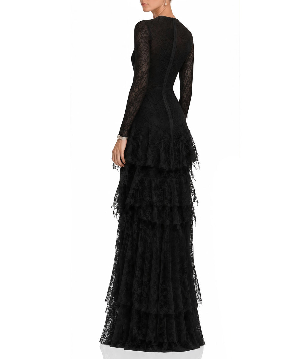 Black V‑Neck Long Bell Sleeve Tiered Ruffle Lace Maxi Evening Gown