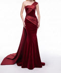 Burgundy Velvet One Shoulder Satin Draped Mermaid Evening Gown with Long Train