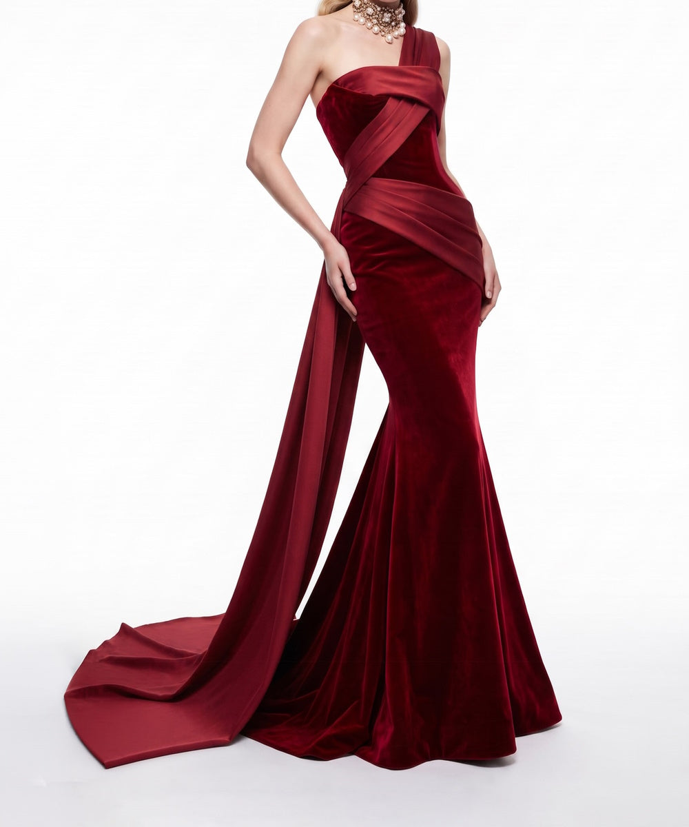 Burgundy Velvet One Shoulder Satin Draped Mermaid Evening Gown with Long Train
