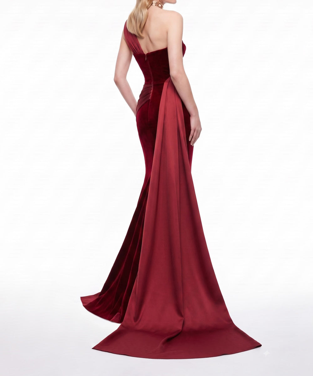 Burgundy Velvet One Shoulder Satin Draped Mermaid Evening Gown with Long Train