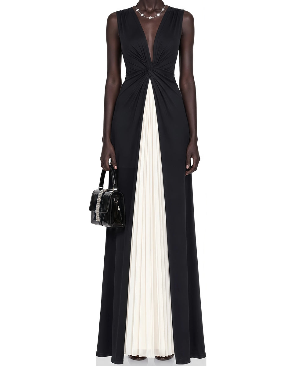 Black‑White Color Block Sleeveless Maxi Evening Dress With Twisted Knot & Pleated Inner Panel