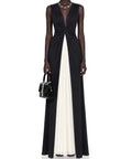 Black‑White Color Block Sleeveless Maxi Evening Dress With Twisted Knot & Pleated Inner Panel