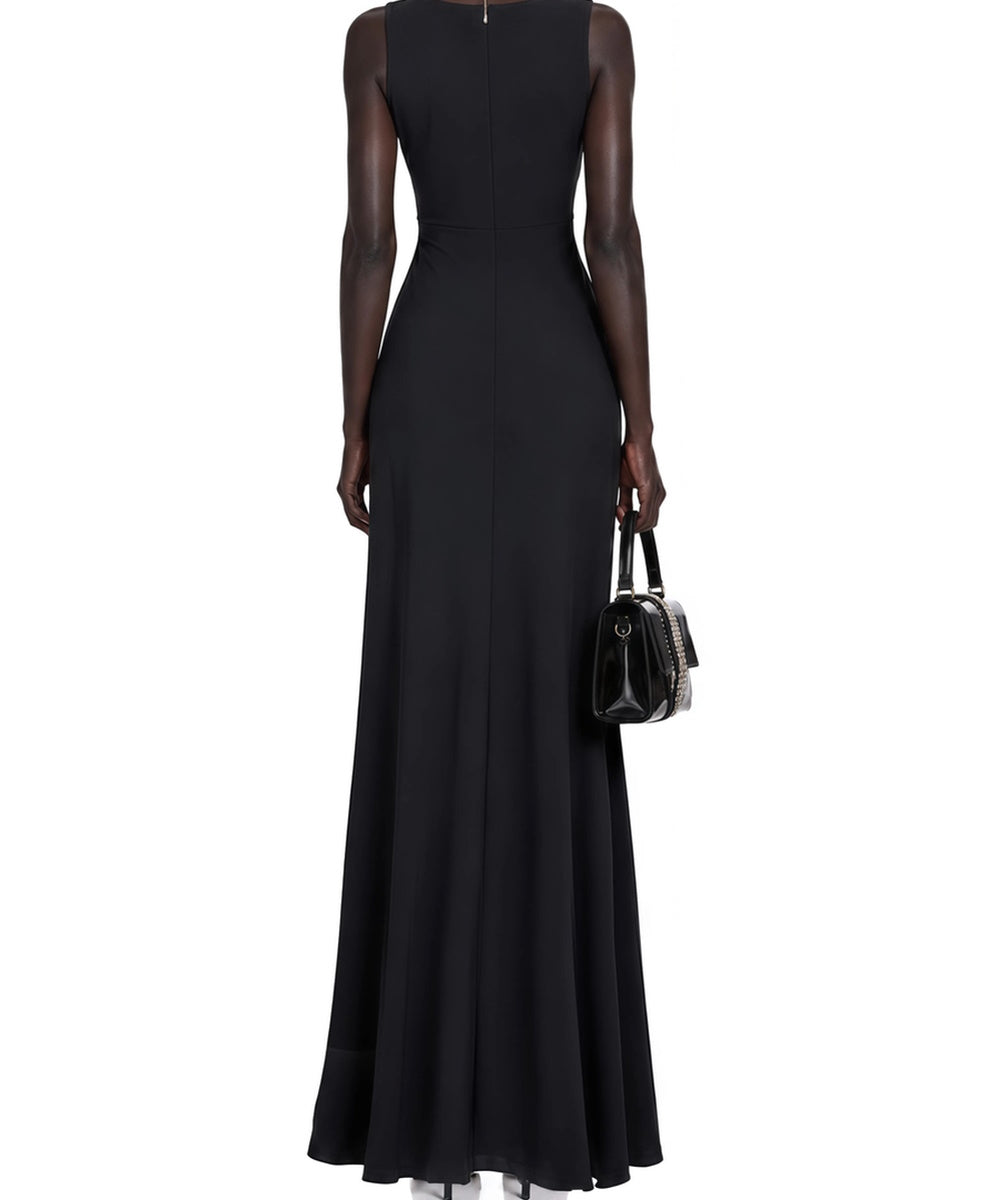 Black‑White Color Block Sleeveless Maxi Evening Dress With Twisted Knot & Pleated Inner Panel