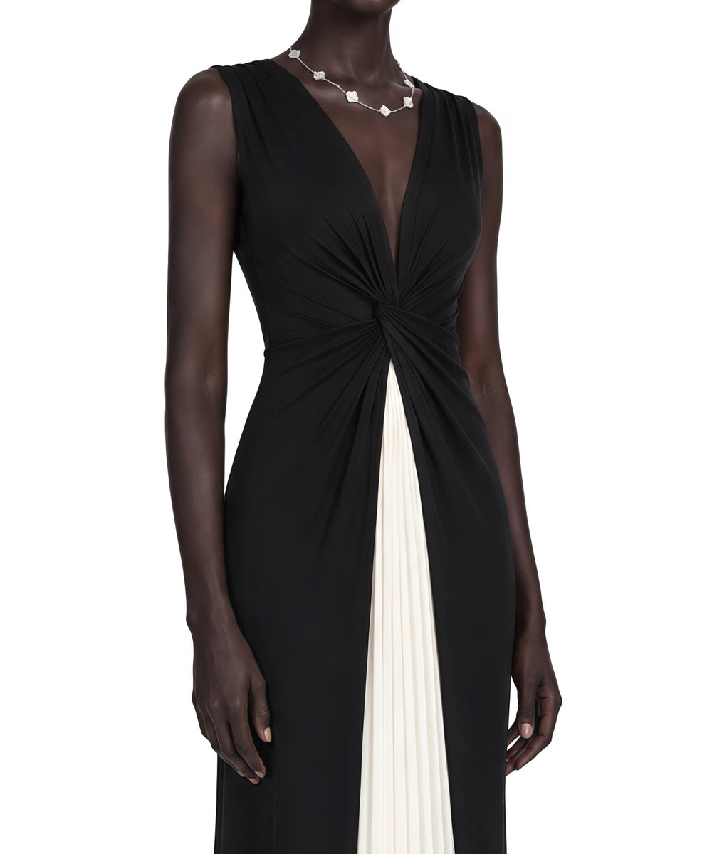 Black‑White Color Block Sleeveless Maxi Evening Dress With Twisted Knot & Pleated Inner Panel