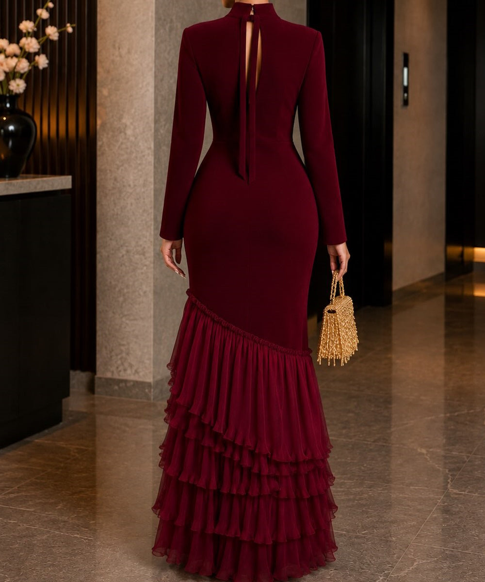 Burgundy Long‑Sleeve Mermaid Maxi Evening Dress with Tiered Ruffle Hem & Keyhole Back