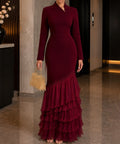 Burgundy Long‑Sleeve Mermaid Maxi Evening Dress with Tiered Ruffle Hem & Keyhole Back