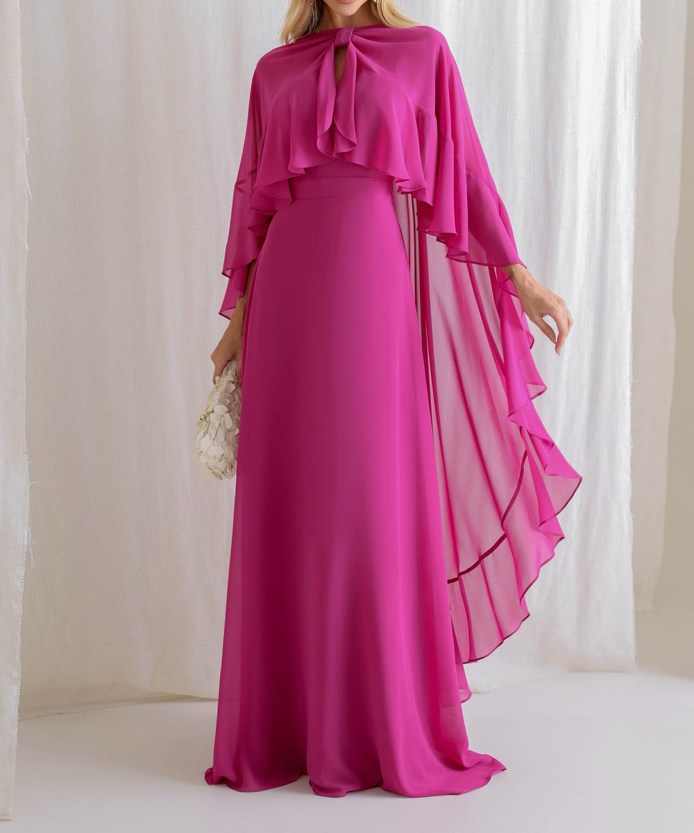Fuchsia Chiffon Maxi Evening Gown With Detachable Cape, Multi‑Style Wearable Bridesmaid Dress