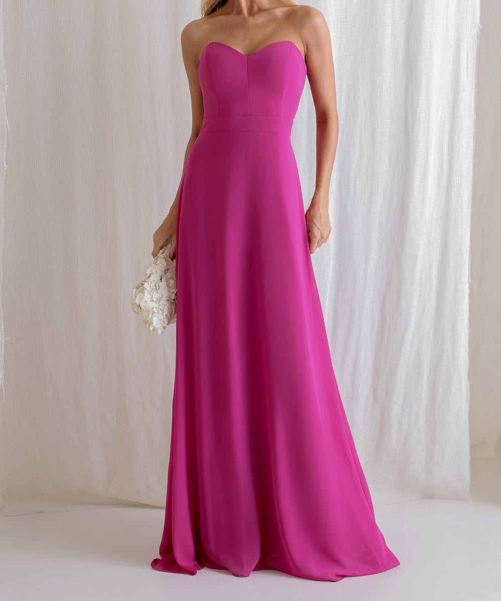 Fuchsia Chiffon Maxi Evening Gown With Detachable Cape, Multi‑Style Wearable Bridesmaid Dress