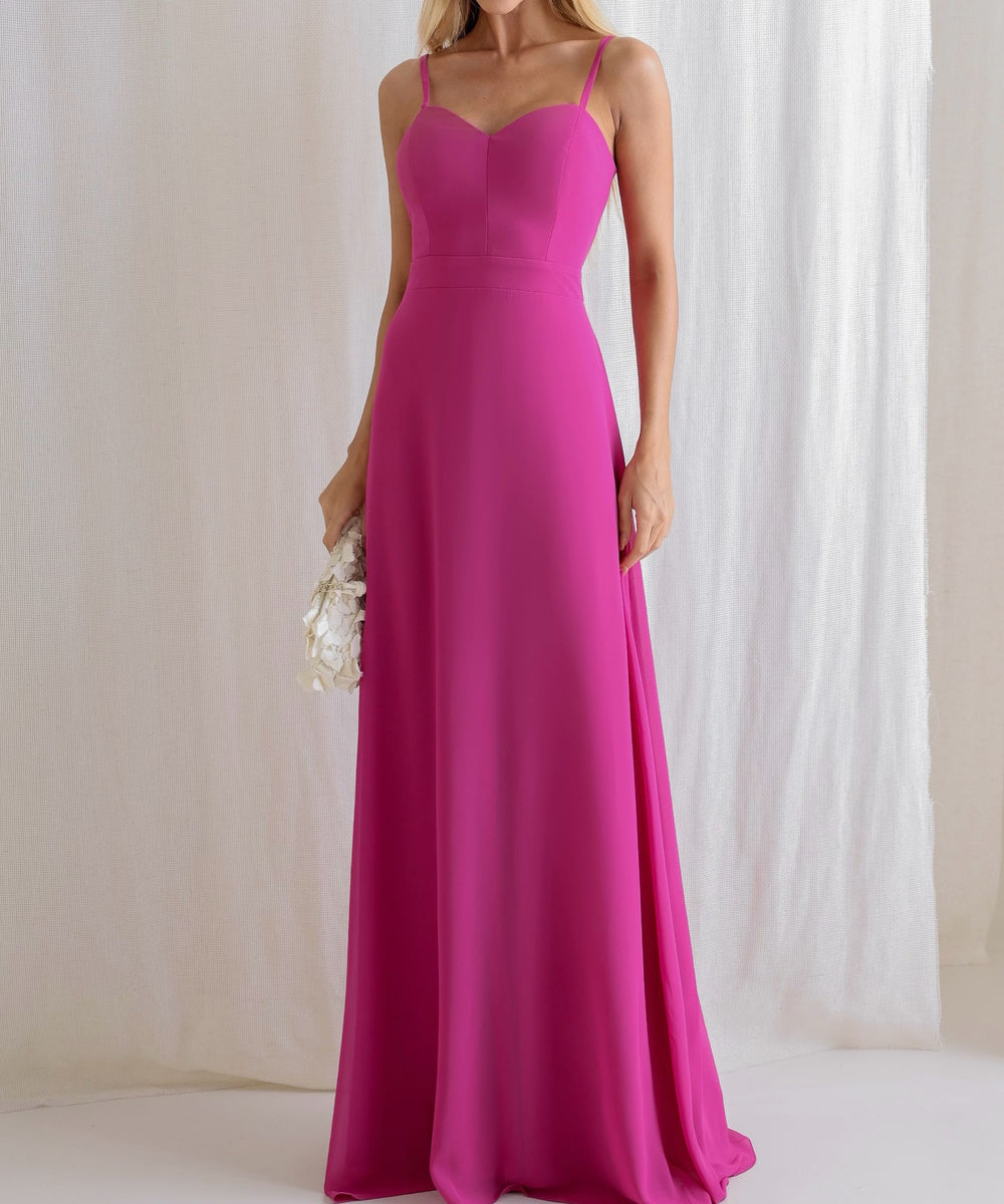 Fuchsia Chiffon Maxi Evening Gown With Detachable Cape, Multi‑Style Wearable Bridesmaid Dress