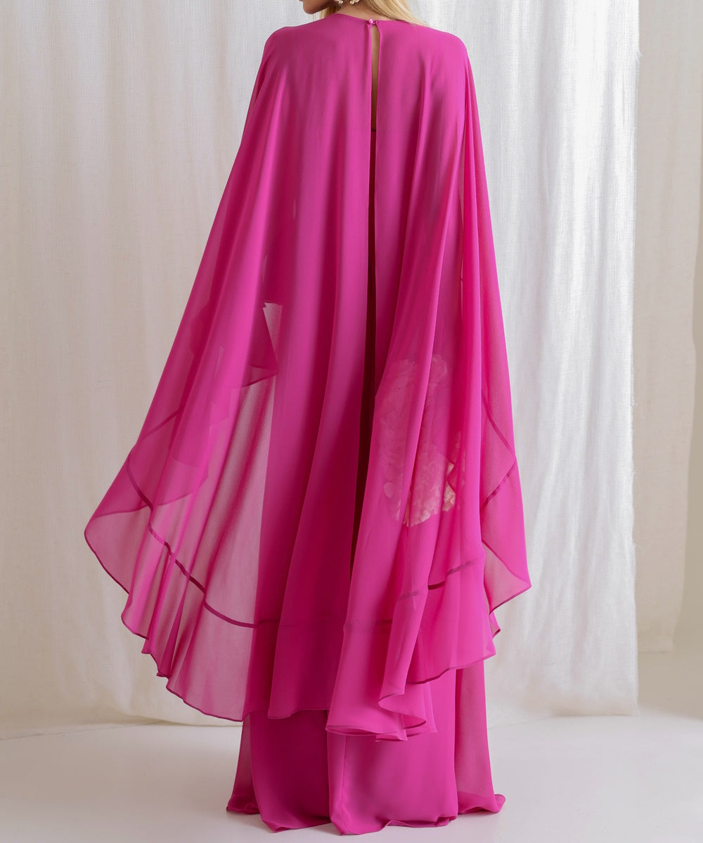 Fuchsia Chiffon Maxi Evening Gown With Detachable Cape, Multi‑Style Wearable Bridesmaid Dress