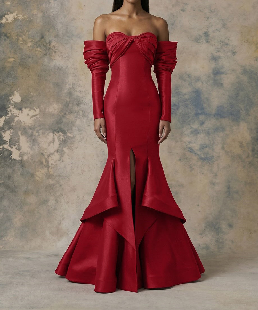 Red Satin Off‑the‑Shoulder Twisted Bodice Slit Mermaid Evening Gown