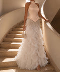 Halter Satin Corset Mermaid Wedding Gown With Beaded Waist & Ruffled Tulle Skirt