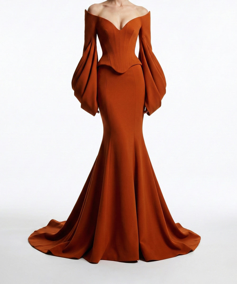 Burnt Orange Off‑Shoulder Corset Mermaid Evening Gown With Puffy Bishop Sleeves