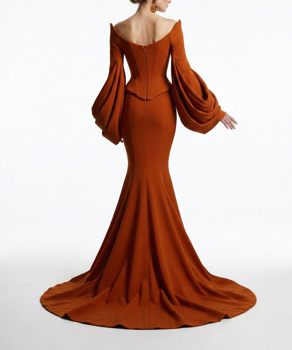 Burnt Orange Off‑Shoulder Corset Mermaid Evening Gown With Puffy Bishop Sleeves