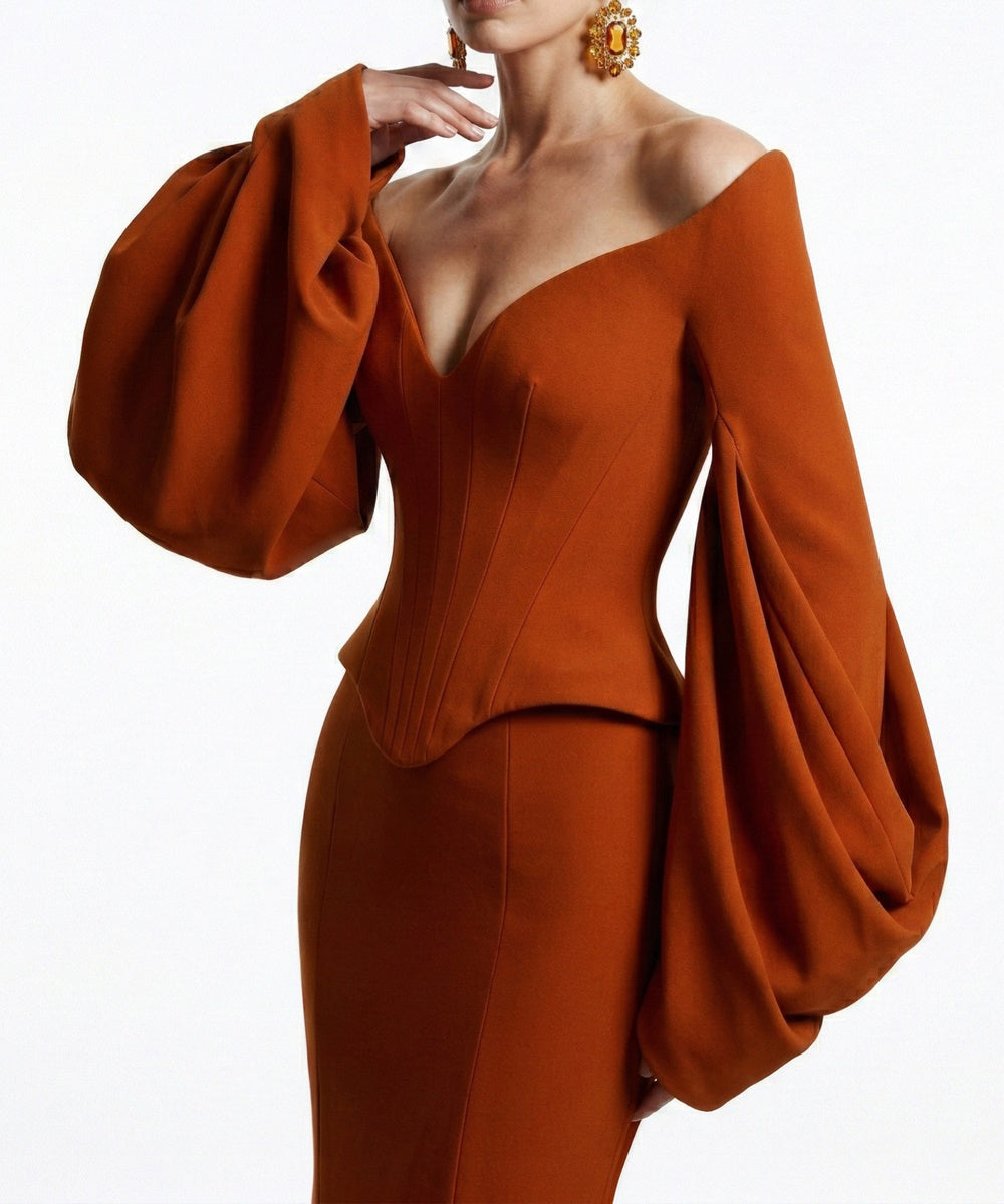 Burnt Orange Off‑Shoulder Corset Mermaid Evening Gown With Puffy Bishop Sleeves