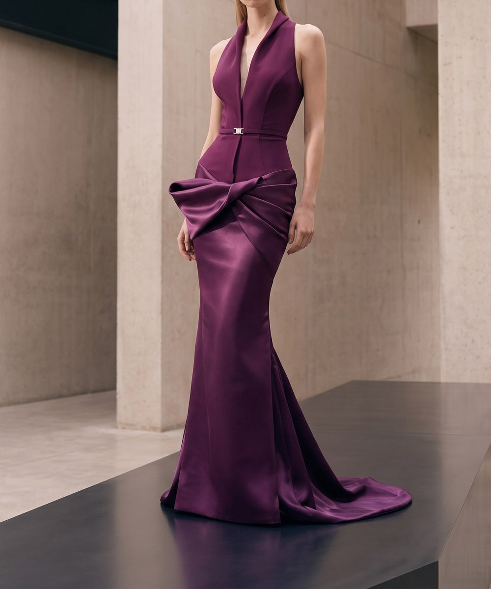 Plum Halter V‑Neck Satin Mermaid Gown With Statement Side Bow & Belt