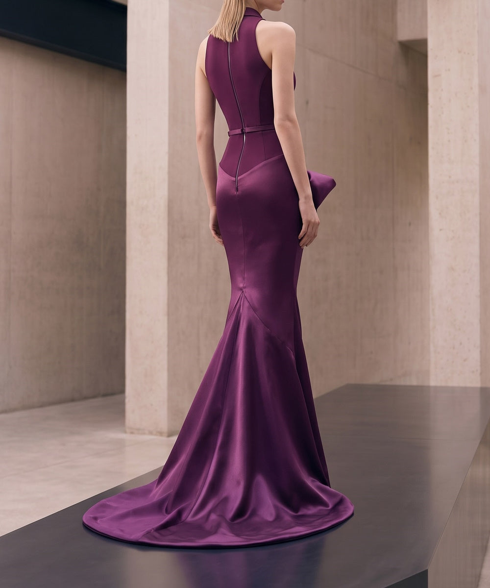 Plum Halter V‑Neck Satin Mermaid Gown With Statement Side Bow & Belt