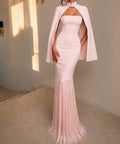 Blush Pink Cape Sleeve Mermaid Evening Gown With Fringe Hem