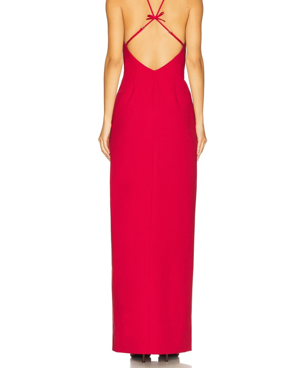 Red Spaghetti Strap Bow Detail Maxi Dress With High Slit & Open Back
