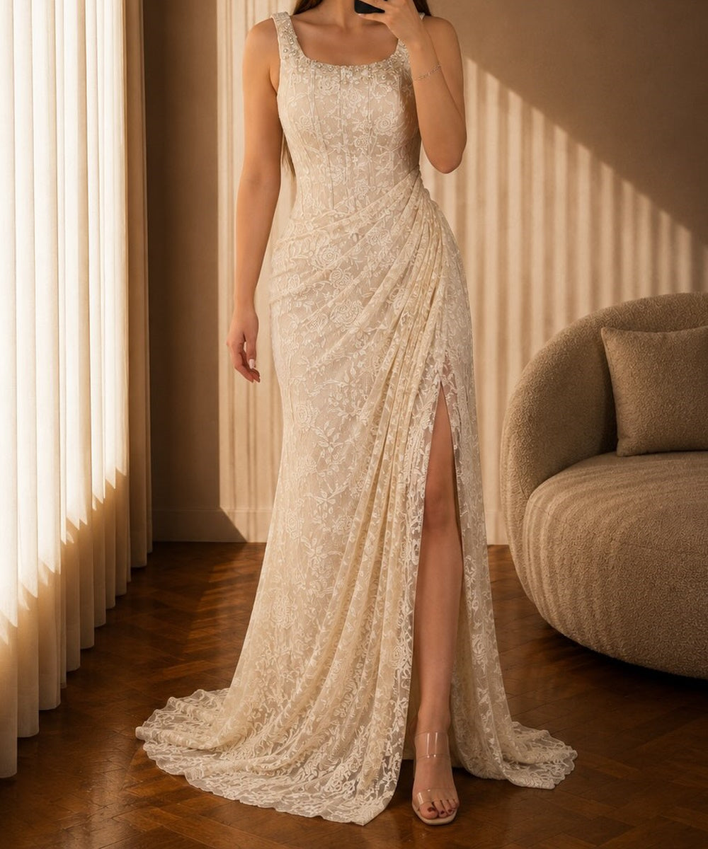 Ivory Lace Square Neck Pearl Beaded Side Ruched Mermaid Evening Gown with High Slit